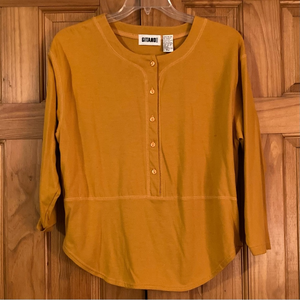 EUC Gitano Vintage 80s Top Henley Long Sleeve Blouse Gold Size S Small